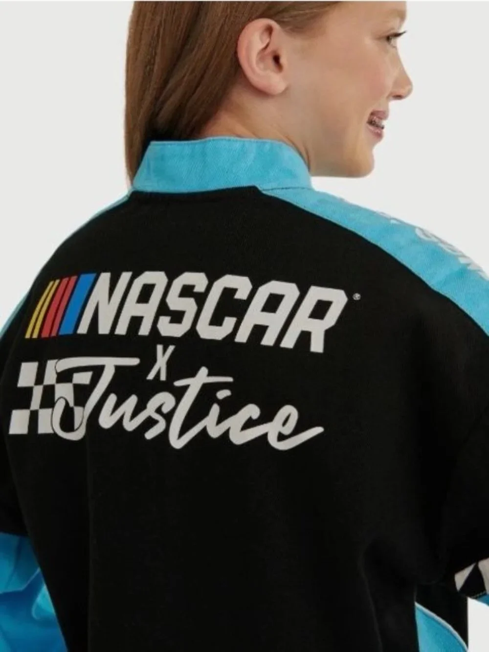 NASCAR X Justice Girls Racing Jacket Medium Black & Light Blue Cotton Snap-Up